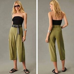 Anthropologie Cropped Pleated High Rise Wide Leg Pants Green Women's Size 8